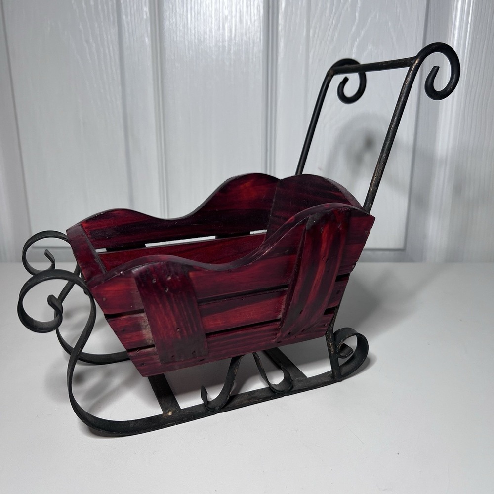 Vtg Rustic Red Wooden Sleigh Metal Frame 9-10 In